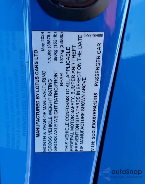 2024 Lotus Emira First Edition z USA, uszkodzony, nr VIN SCCLEKAX7RHA13415